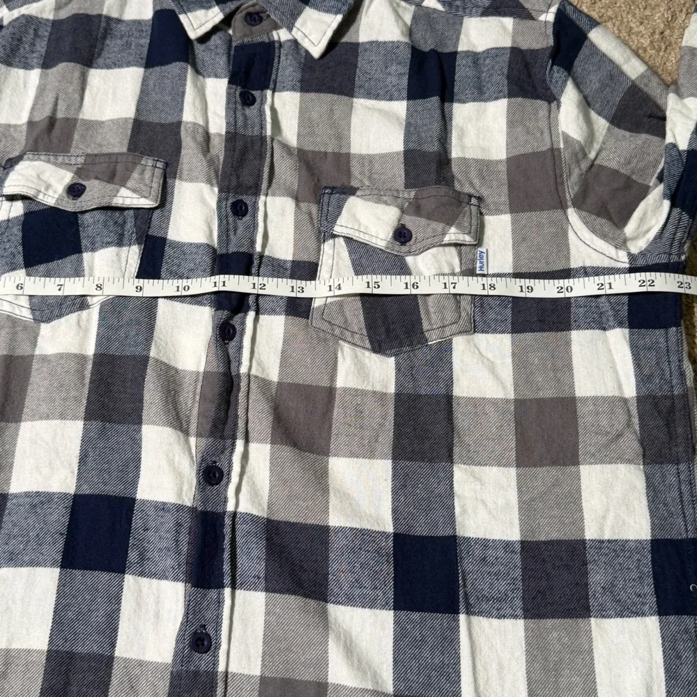 Hurley Mens Large Navy Blue Grey Plaid Long Sleeve Button Down Flannel Shirt L